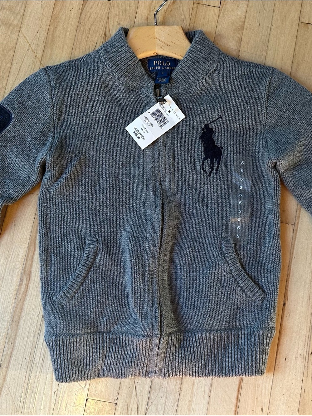 Ralph Lauren Kids Gray Full-Zip Polo Sweater with Navy Logo